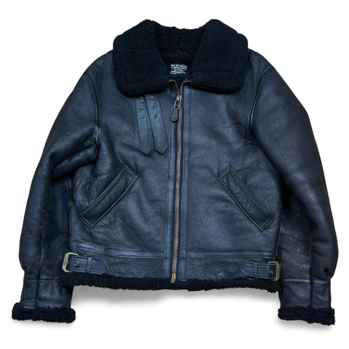 【希少デザイン!!!】AVIREX アヴィレックス B-3 ムートンジャケット フライトジャケット ワッペン ラムレザー 羊革 黒 メンズ サイズ36_画像1