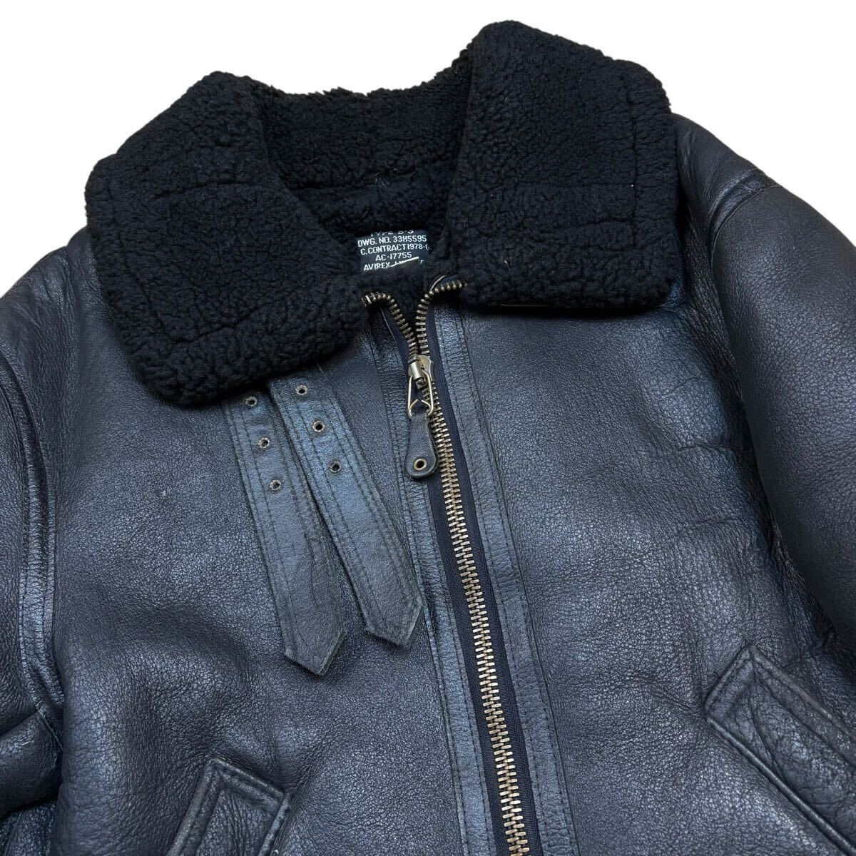 【希少デザイン!!!】AVIREX アヴィレックス B-3 ムートンジャケット フライトジャケット ワッペン ラムレザー 羊革 黒 メンズ サイズ36_画像2