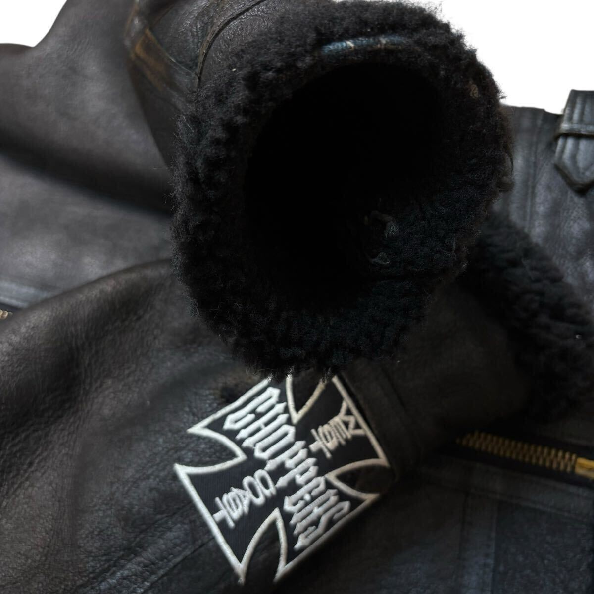 【希少デザイン!!!】AVIREX アヴィレックス B-3 ムートンジャケット フライトジャケット ワッペン ラムレザー 羊革 黒 メンズ サイズ36_画像8