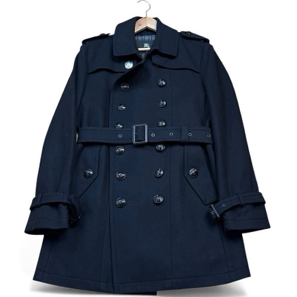 【極美品Lサイズ!!!】BURBERRY BLACK LABEL バーバリーブラックレーベル カシミヤ ナポレオンコート ノバチェック ベルト メンズ 黒_画像1