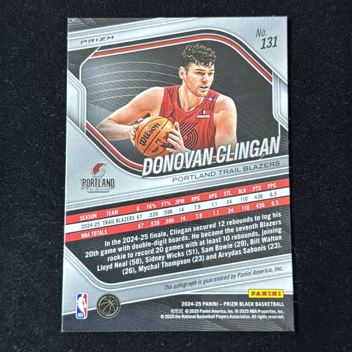 Donovan Clingandono van *k Lynn gun Panini Prizm Black 2024-25 Silver RC Auto автограф автограф Trail Blazers Trail Blazer z