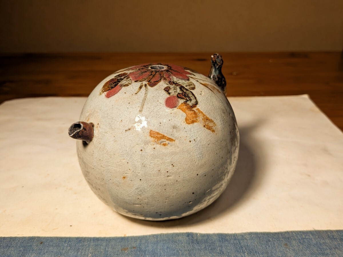 【哲】李朝唇砂鉄砂花文鳥摘み大形水滴（民窯・李朝後期〜末期）_画像3