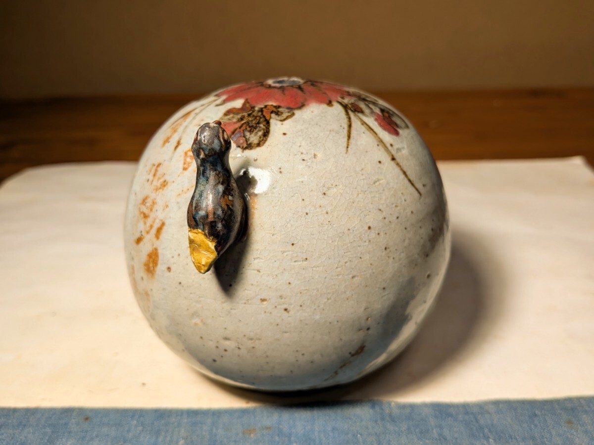 【哲】李朝唇砂鉄砂花文鳥摘み大形水滴（民窯・李朝後期〜末期）_画像4