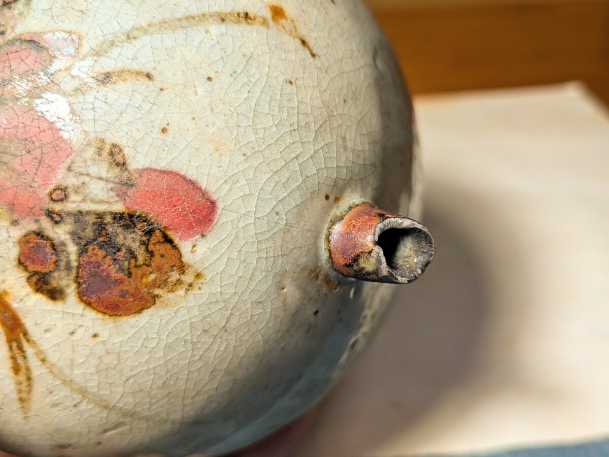 【哲】李朝唇砂鉄砂花文鳥摘み大形水滴（民窯・李朝後期〜末期）_画像9