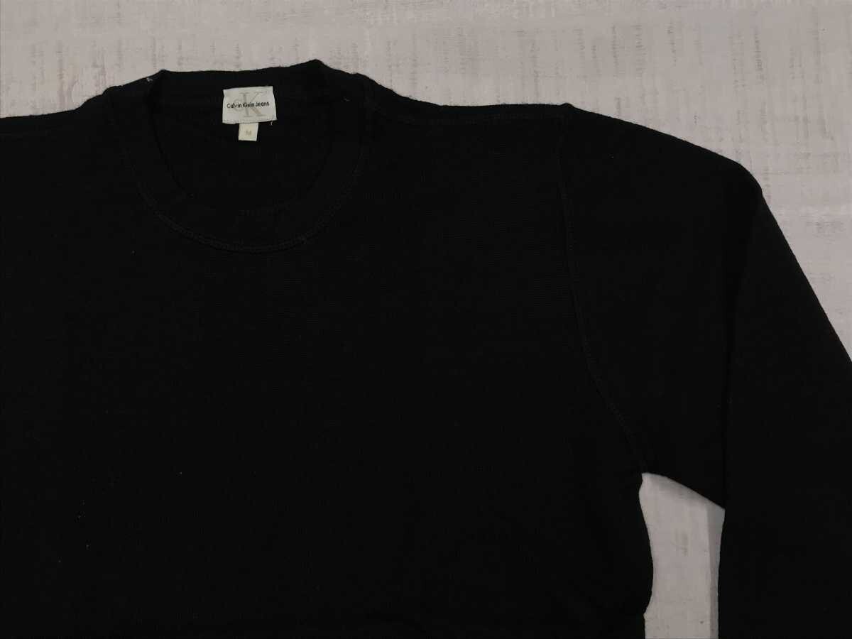 イタリア製 カルバン・クライン Calvin Klein レトロ トラッド モード 古着 天竺編み Uネック ニット セーター レディース ウール100% M 黒_画像3