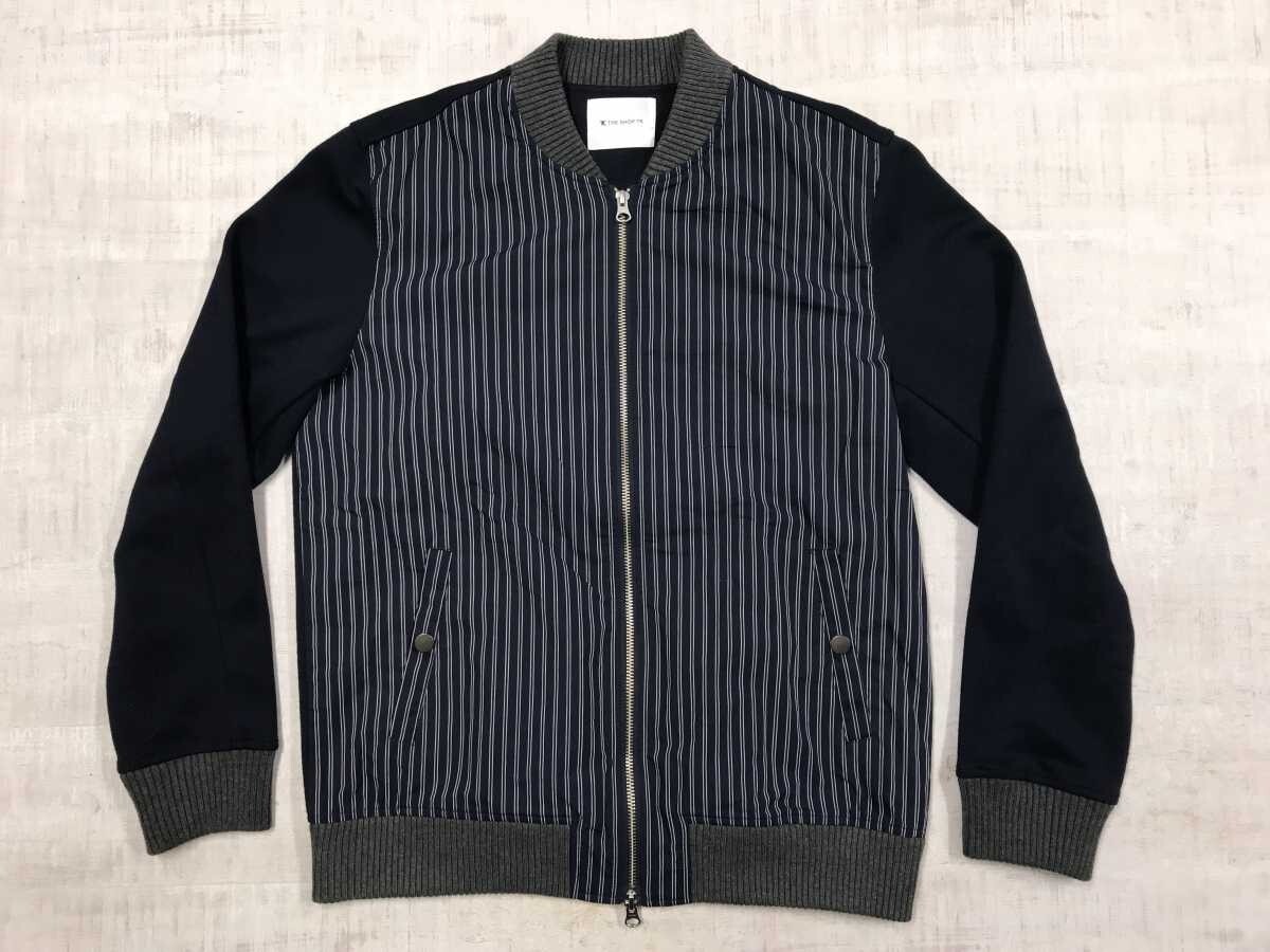 タケオキクチ TAKEO KIKUCHI トラッド ストライプ 袖切替 ダブルジップ ブルゾン ジャケット メンズ コットン100% L 紺_画像1