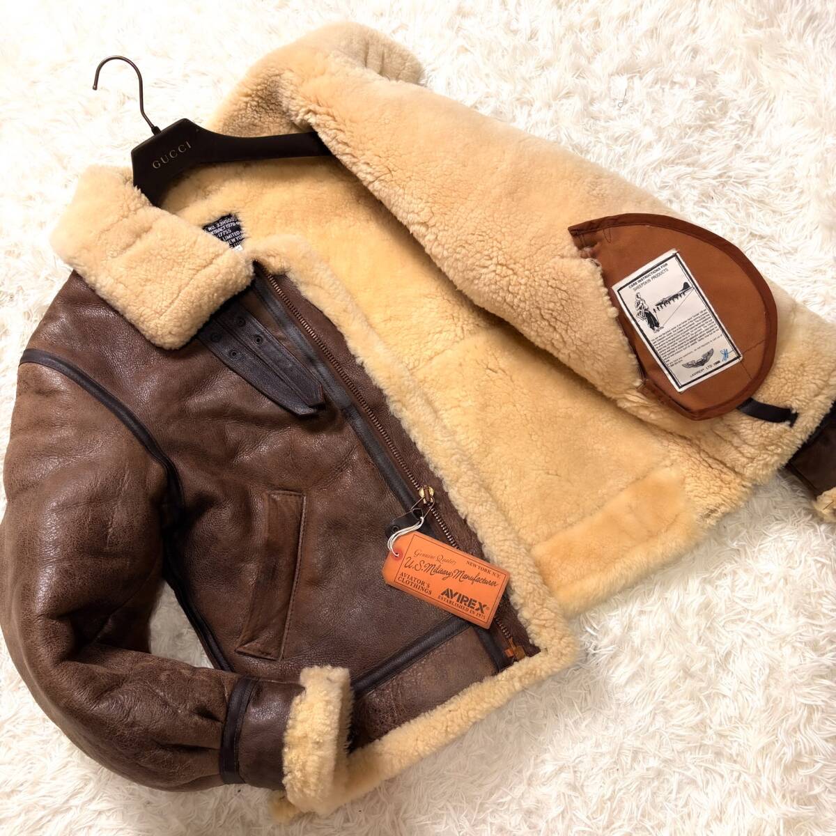 極暖美品羊毛皮AVIREXリアルムートンボアフライトジャケットB-3ムートンXL.LL~Lキャメルブラウン38 USA製トップガン 大きいアヴィレックス_画像1