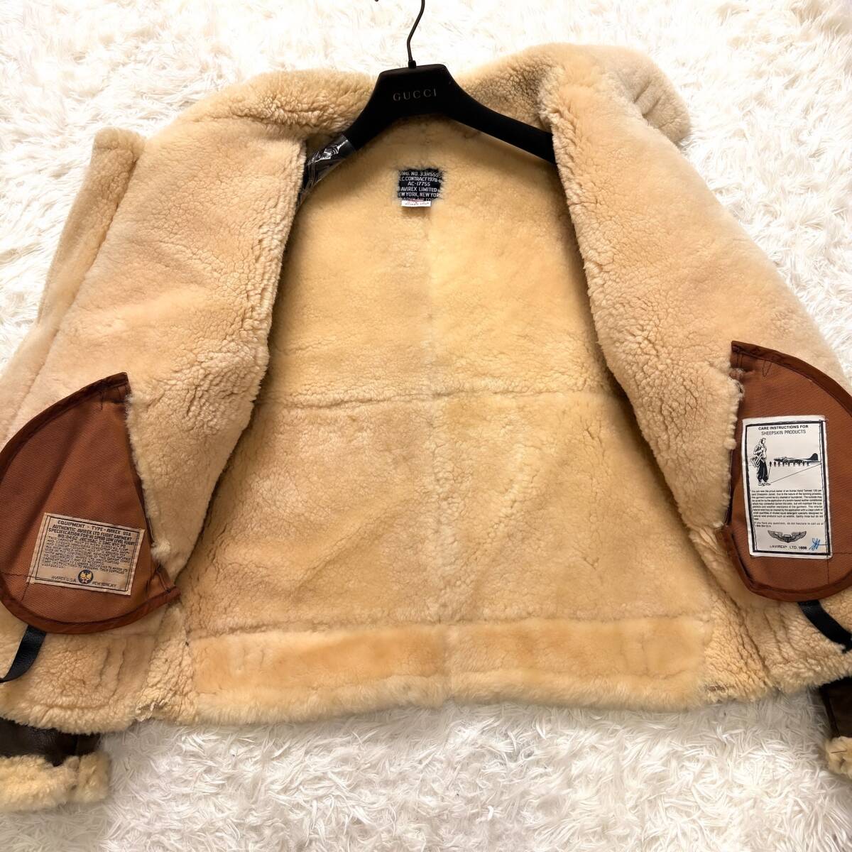 極暖美品羊毛皮AVIREXリアルムートンボアフライトジャケットB-3ムートンXL.LL~Lキャメルブラウン38 USA製トップガン 大きいアヴィレックス_画像9