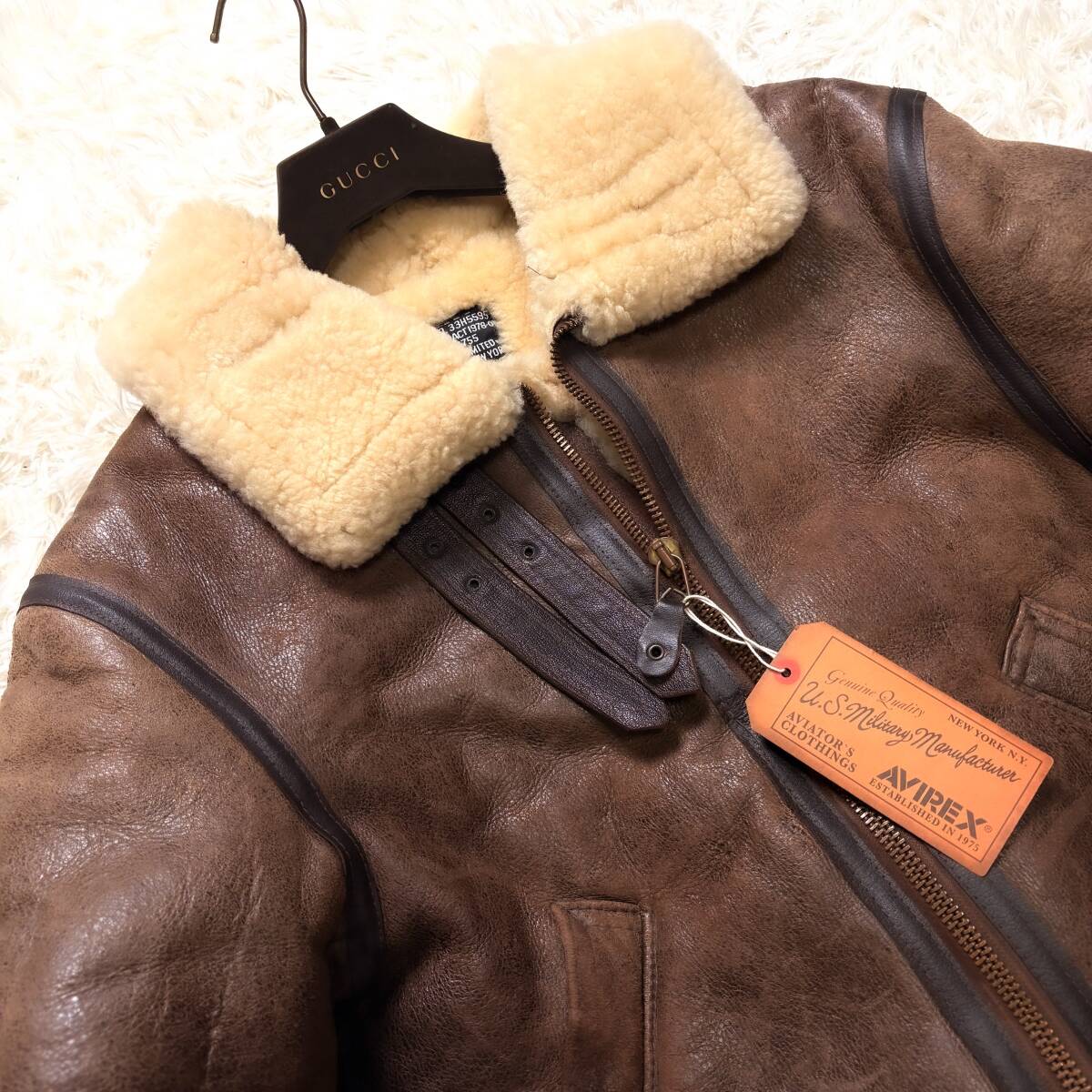 極暖美品羊毛皮AVIREXリアルムートンボアフライトジャケットB-3ムートンXL.LL~Lキャメルブラウン38 USA製トップガン 大きいアヴィレックス_画像3