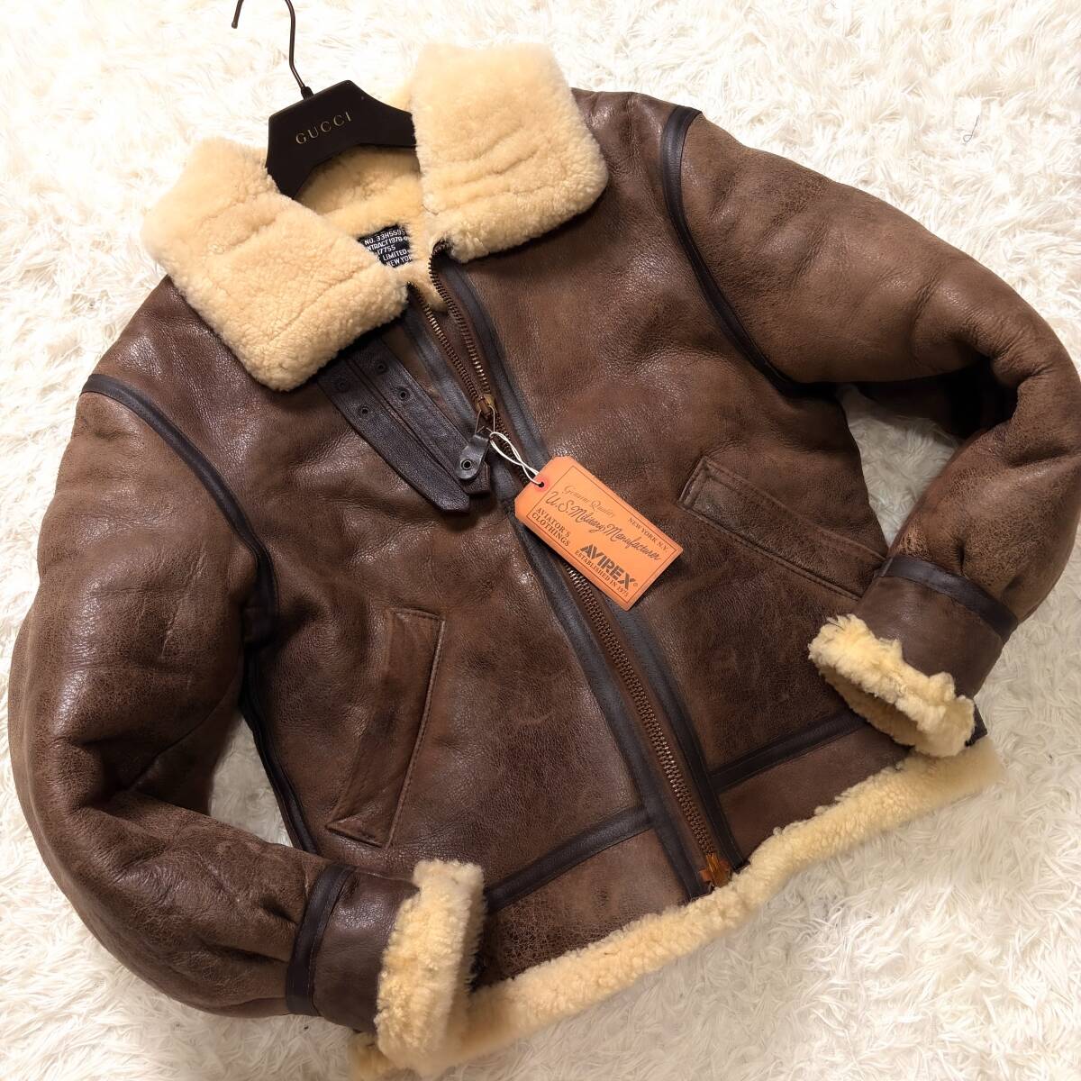 極暖美品羊毛皮AVIREXリアルムートンボアフライトジャケットB-3ムートンXL.LL~Lキャメルブラウン38 USA製トップガン 大きいアヴィレックス_画像2