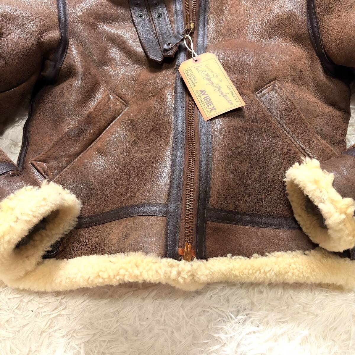 極暖美品羊毛皮AVIREXリアルムートンボアフライトジャケットB-3ムートンXL.LL~Lキャメルブラウン38 USA製トップガン 大きいアヴィレックス_画像6