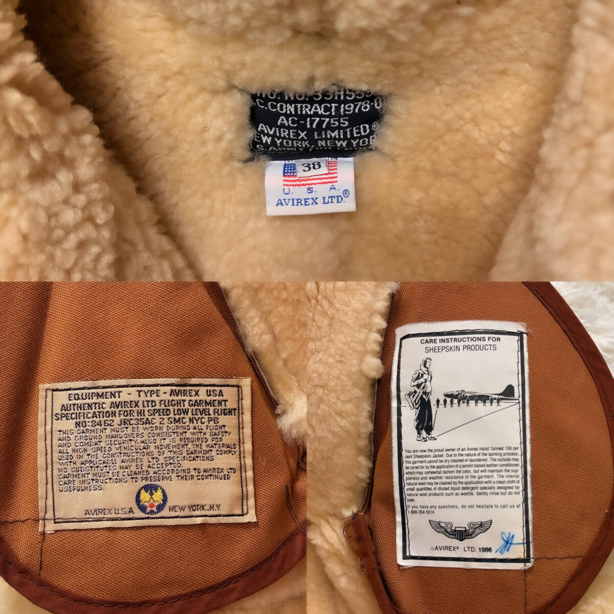 極暖美品羊毛皮AVIREXリアルムートンボアフライトジャケットB-3ムートンXL.LL~Lキャメルブラウン38 USA製トップガン 大きいアヴィレックス_画像10