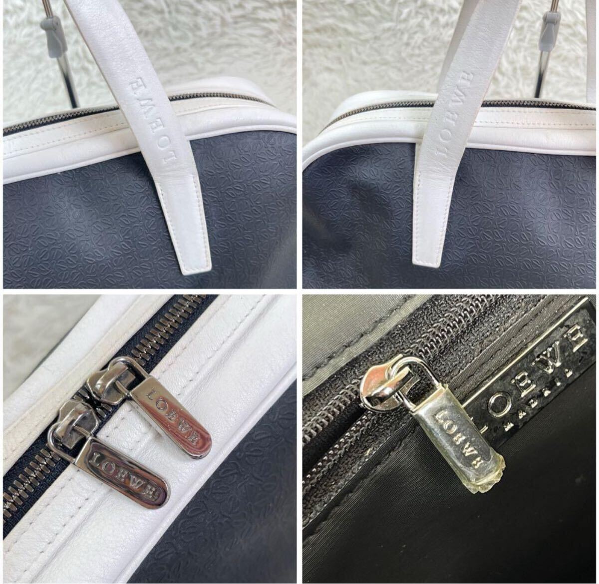 1円【極美品/稀少】LOEWE ロエベ ミニボストンバッグ ハンドバッグ リピート アナグラム ロゴ型押し 刻印 本革 レザー バイカラー 黒/白_画像10