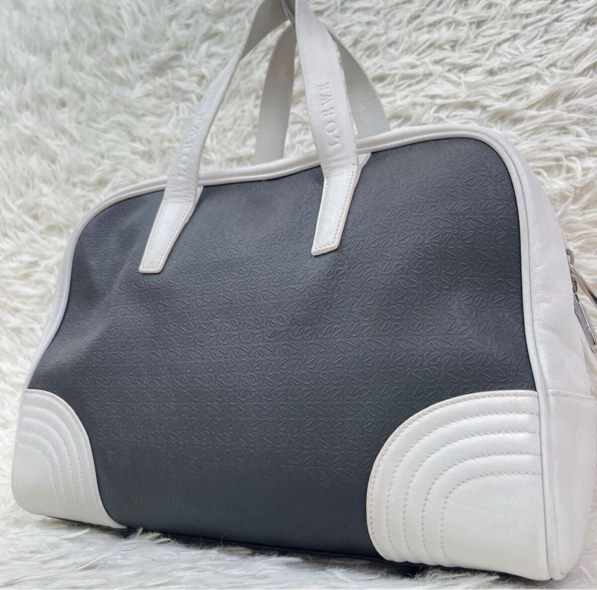 1円【極美品/稀少】LOEWE ロエベ ミニボストンバッグ ハンドバッグ リピート アナグラム ロゴ型押し 刻印 本革 レザー バイカラー 黒/白_画像1