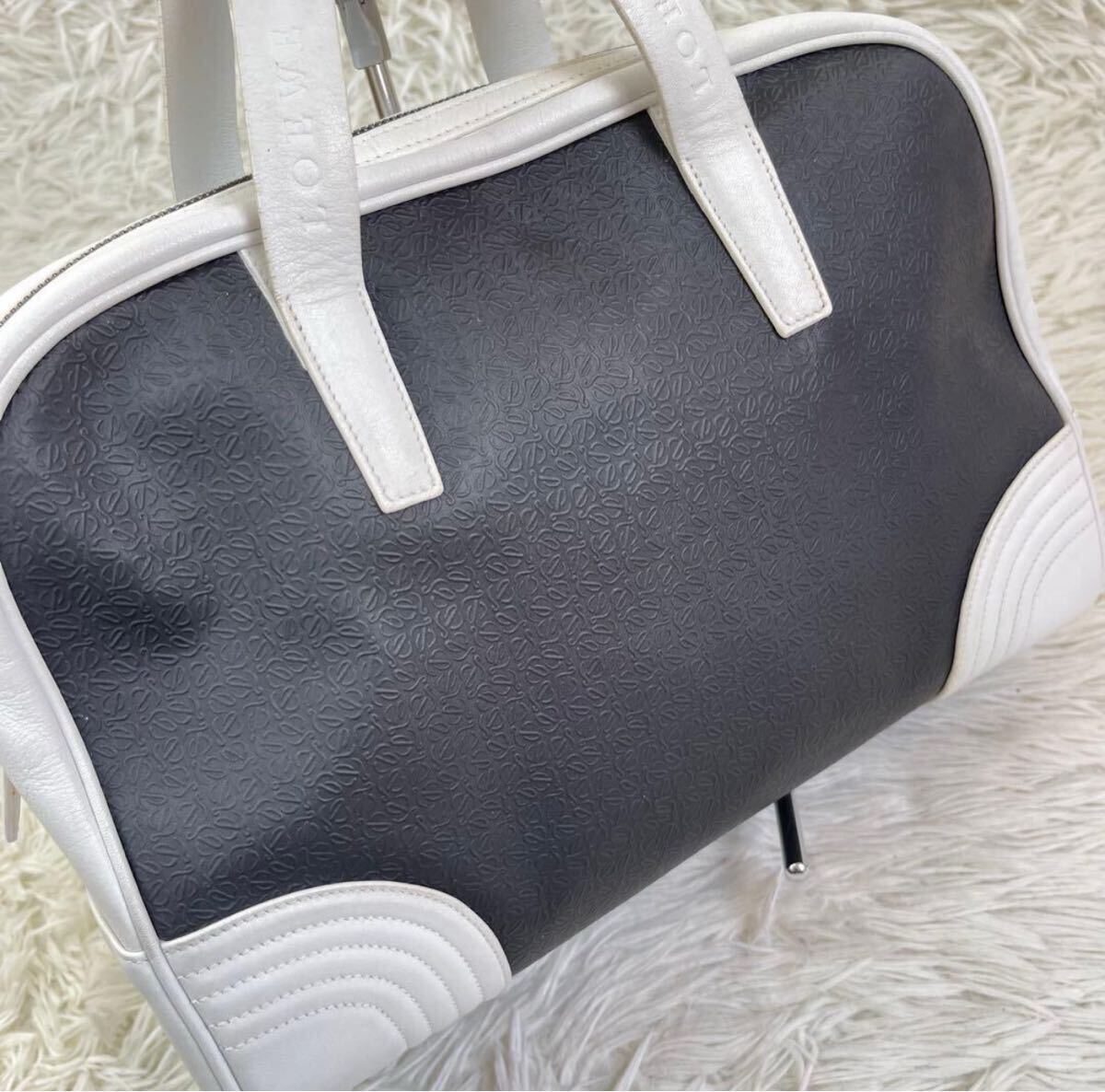 1円【極美品/稀少】LOEWE ロエベ ミニボストンバッグ ハンドバッグ リピート アナグラム ロゴ型押し 刻印 本革 レザー バイカラー 黒/白_画像6