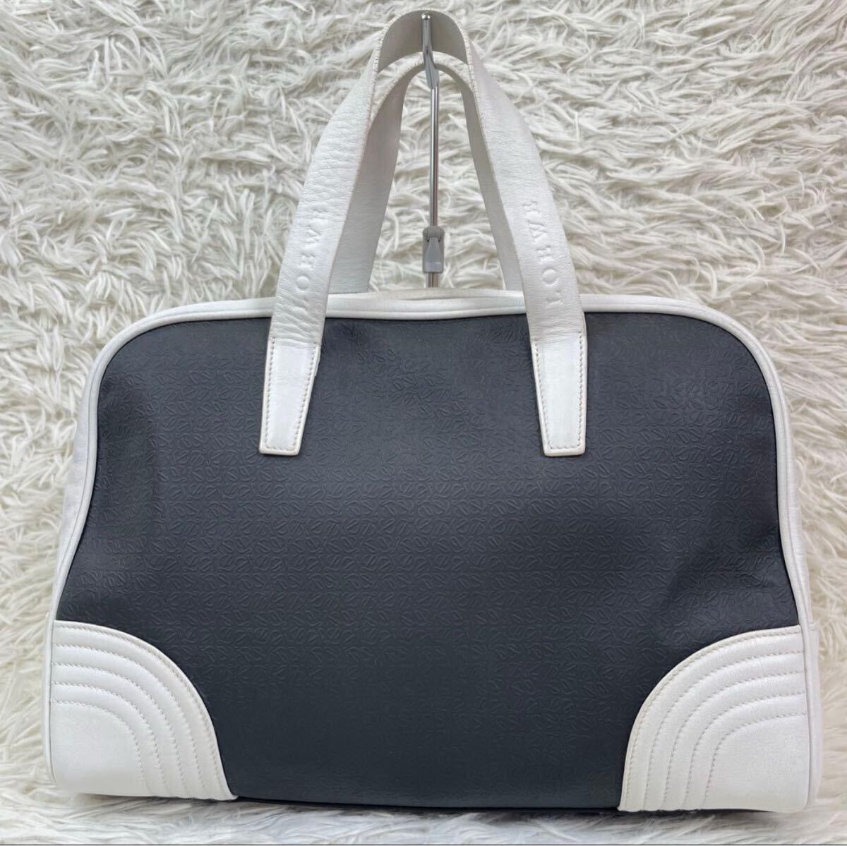 1円【極美品/稀少】LOEWE ロエベ ミニボストンバッグ ハンドバッグ リピート アナグラム ロゴ型押し 刻印 本革 レザー バイカラー 黒/白_画像2