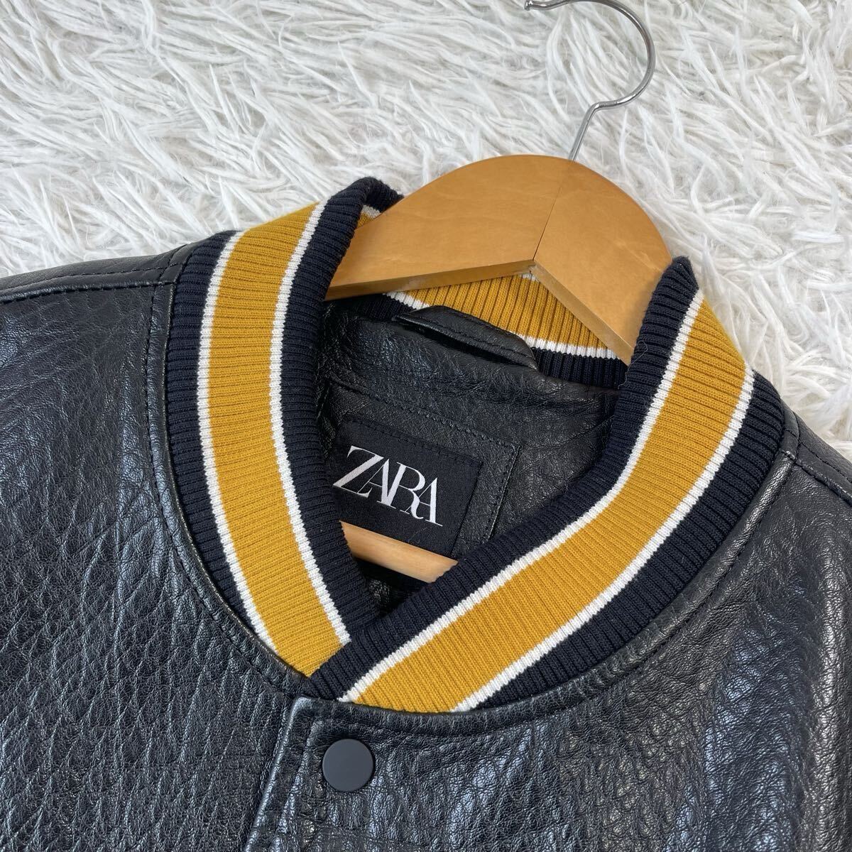 未使用品!! XL相当●ZARA ザラ スタジャン ボンバージャケット オールレザー 水牛革 バッファローレザー ワッペン ブラック/イエロー 黒_画像3