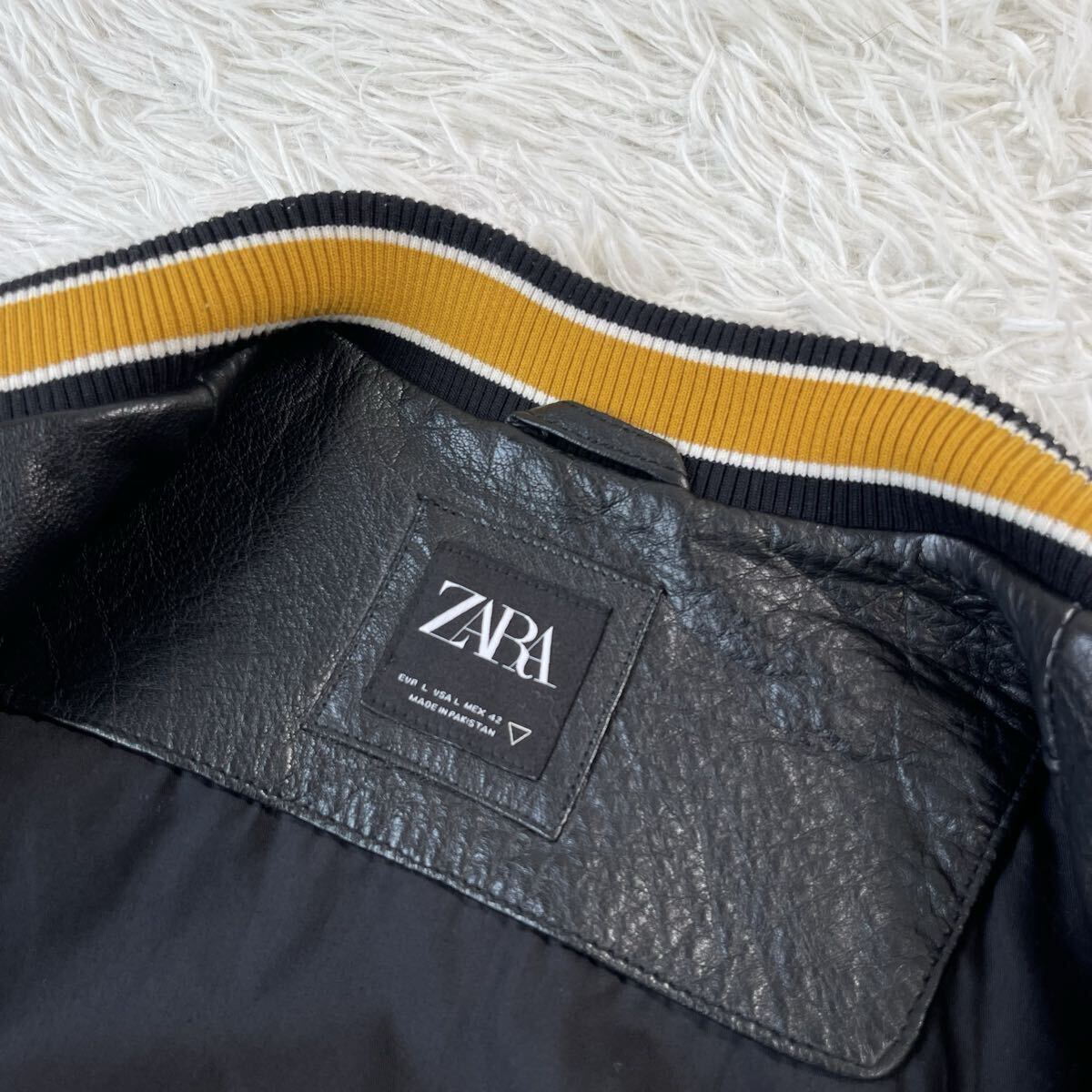 未使用品!! XL相当●ZARA ザラ スタジャン ボンバージャケット オールレザー 水牛革 バッファローレザー ワッペン ブラック/イエロー 黒_画像5