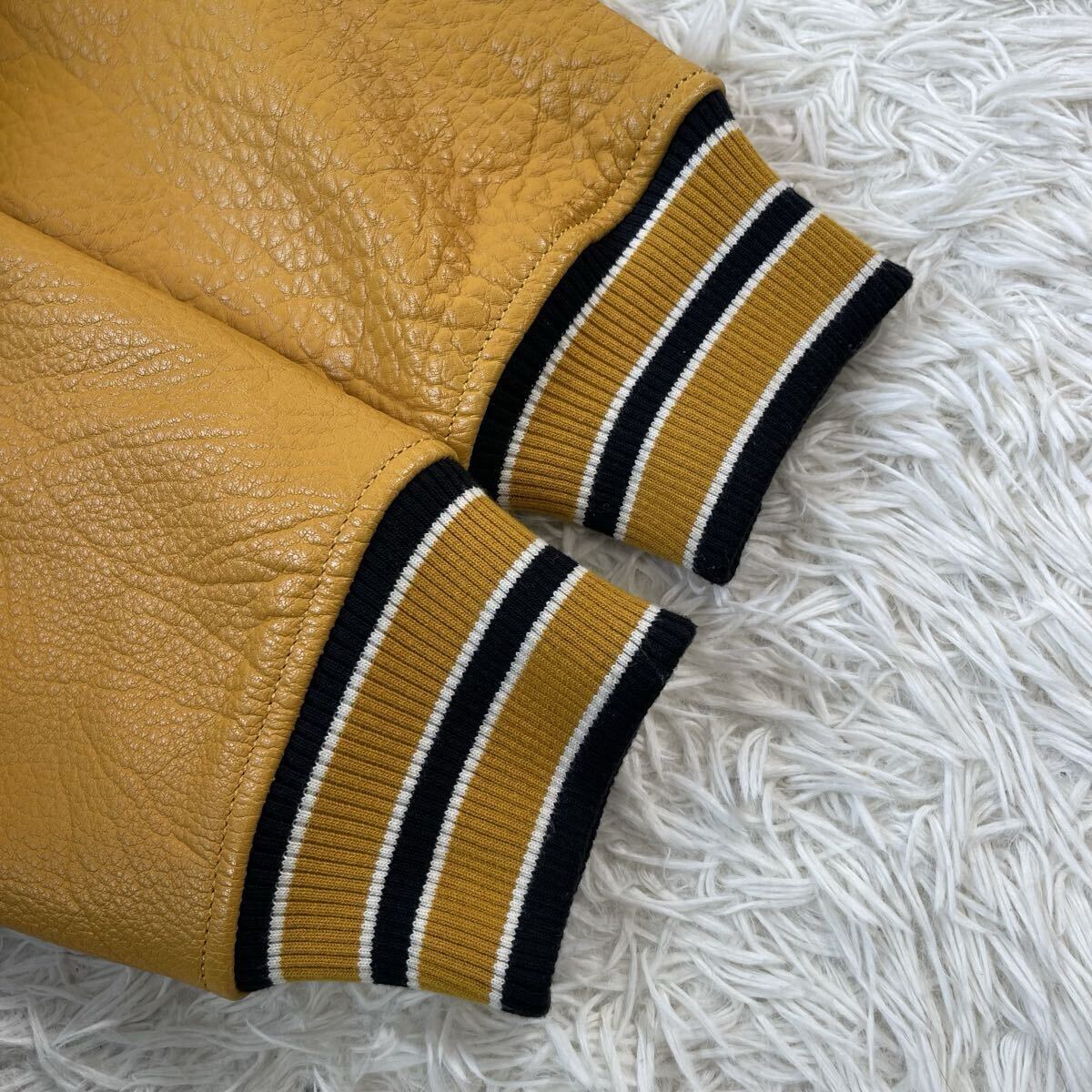 未使用品!! XL相当●ZARA ザラ スタジャン ボンバージャケット オールレザー 水牛革 バッファローレザー ワッペン ブラック/イエロー 黒_画像6