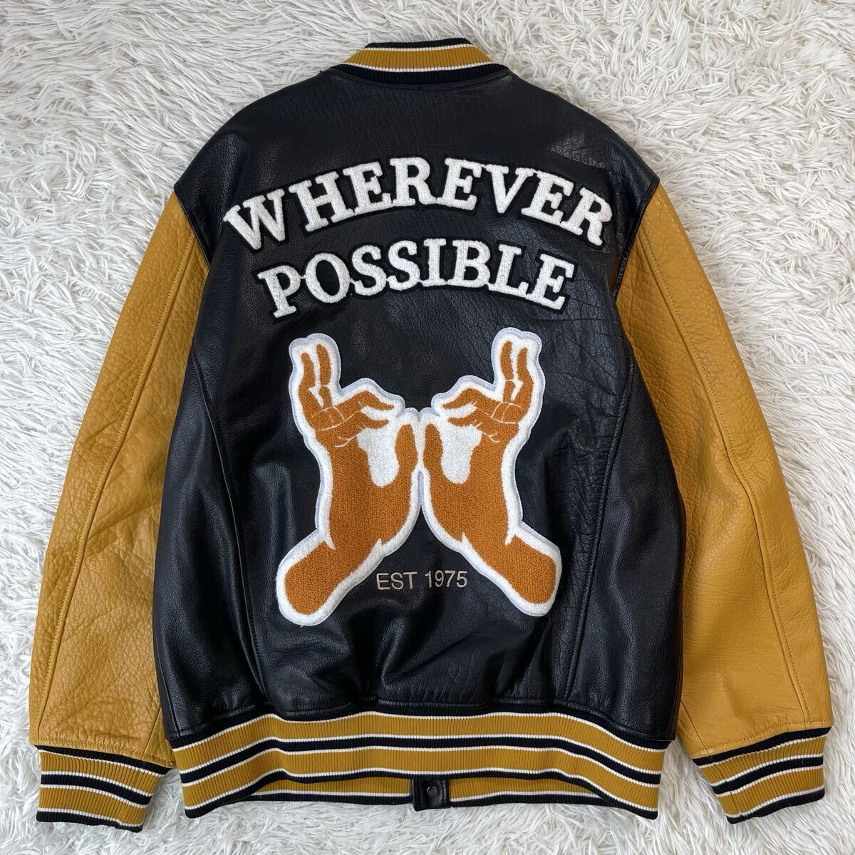 未使用品!! XL相当●ZARA ザラ スタジャン ボンバージャケット オールレザー 水牛革 バッファローレザー ワッペン ブラック/イエロー 黒_画像7