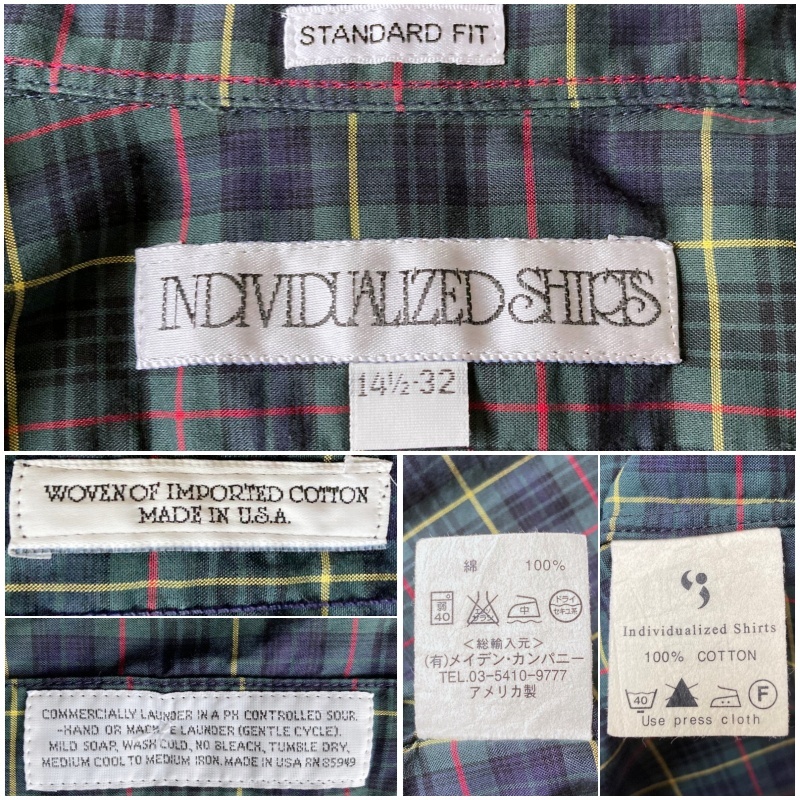 INDIVIDUALIZED SHIRTS インディビジュアライズドシャツ チェックボタンダウンシャツ USA製 14 1/2-32 STANDARD FIT グリーン 定番_画像10