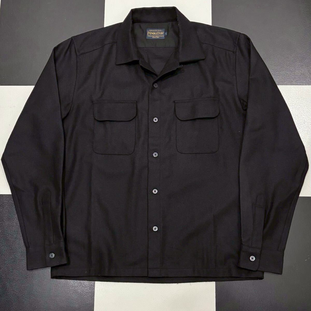 【809】 美品 pendleton ブラック 無地 ボード シャツ L オープンカラー ボックス BOARD shirt ペンドルトン 黒 black wool_画像1