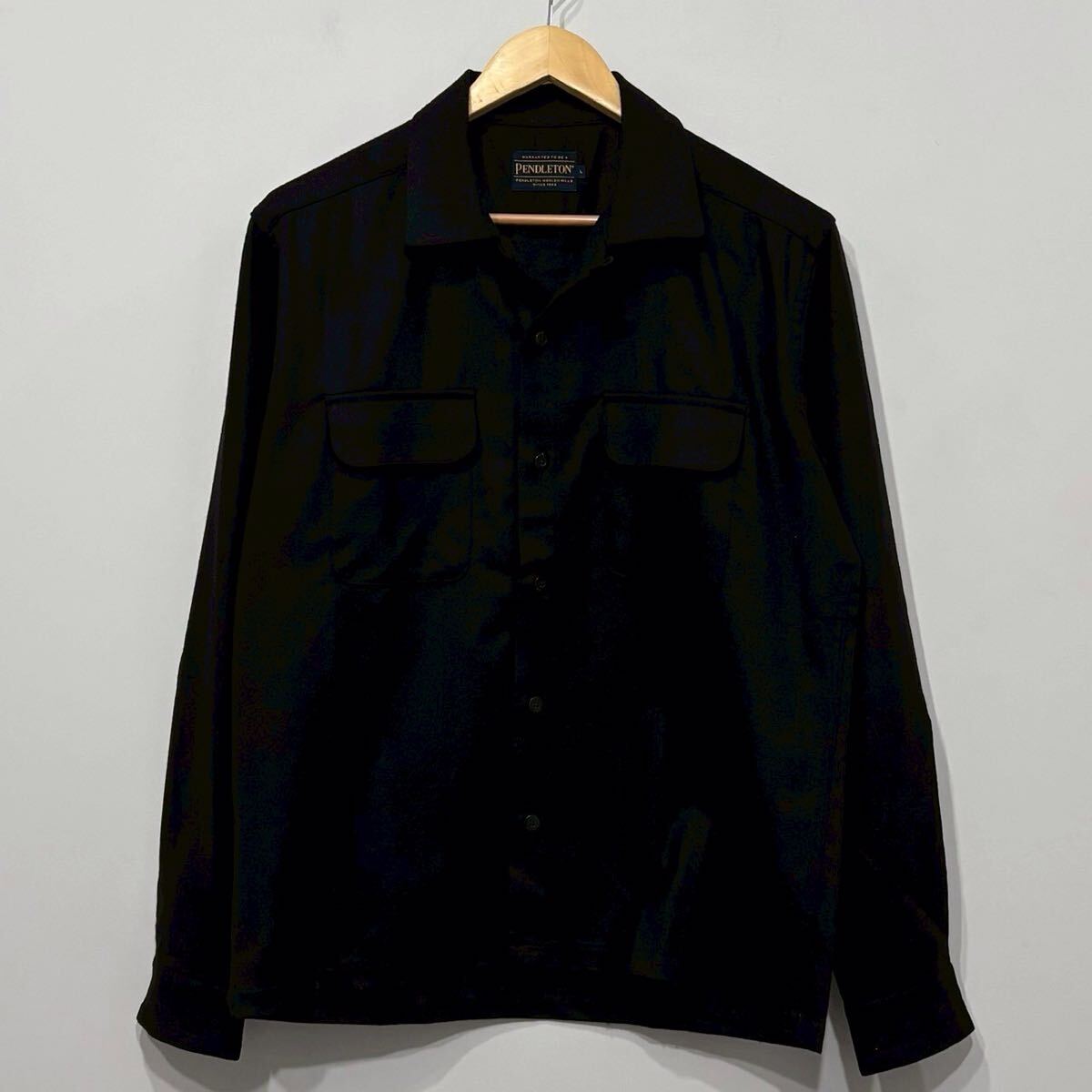 【809】 美品 pendleton ブラック 無地 ボード シャツ L オープンカラー ボックス BOARD shirt ペンドルトン 黒 black wool_画像2