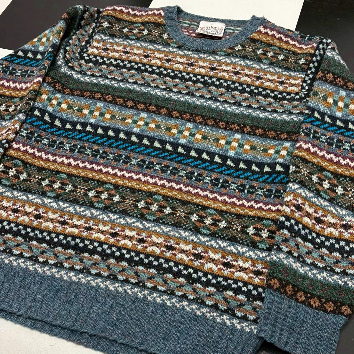 【860】 美品 希少色 スコットランド 製 jamieson's フェアアイル 柄 ウール ニット シャツ セーター ジャミーソンズ wool knit ブルー 青_画像5