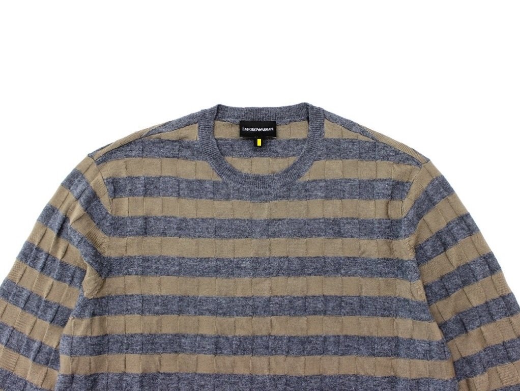●11万新品◆L◆EMPORIO ARMANI アルマーニ◆ヴァージンウール ブロックチェック織柄ハイゲージクルーネックニットセーター 灰×薄茶 1円_画像4