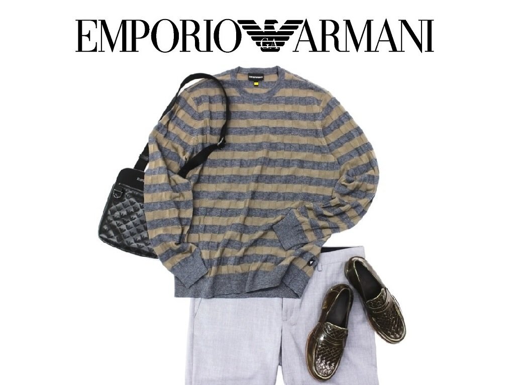 ●11万新品◆L◆EMPORIO ARMANI アルマーニ◆ヴァージンウール ブロックチェック織柄ハイゲージクルーネックニットセーター 灰×薄茶 1円_画像1