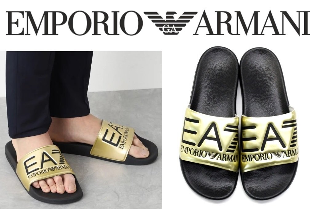 ●3万新品◆8=27cm◆EMPORIOアルマーニ EA7 ロゴ入りスライドサンダルシューズ ゴールド×黒【ARMANI】1円_画像1