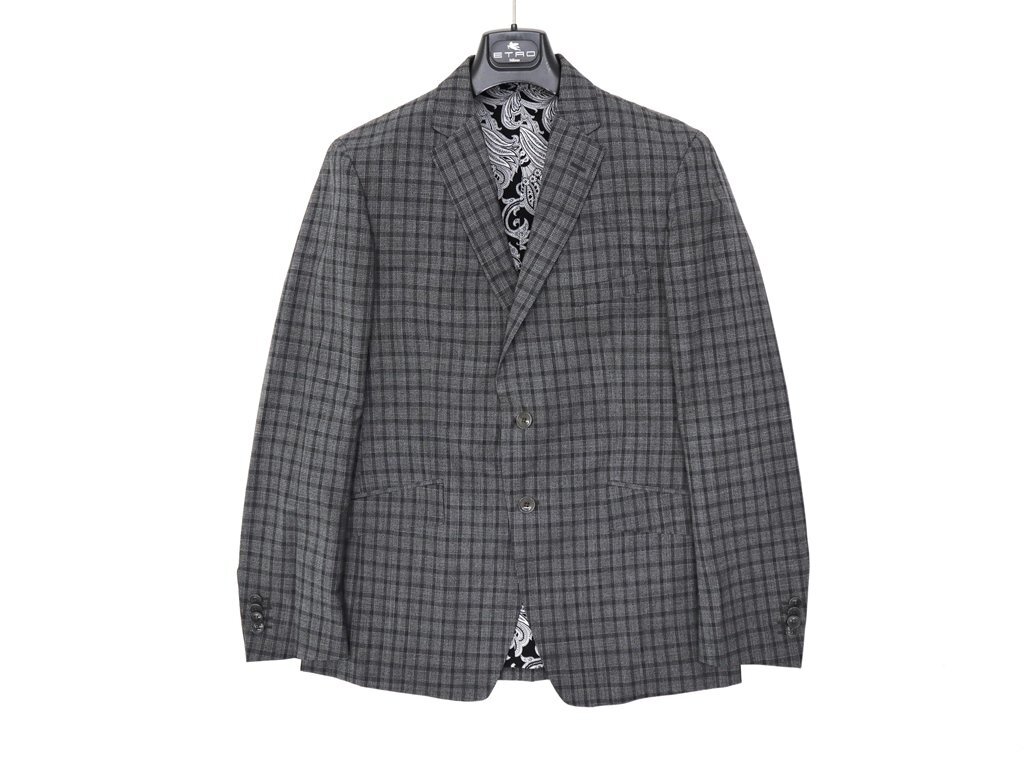47万新品◆50=M～L◆【ETRO】エトロ◆チェック×ペイズリー裏地 ウール×シルクスーツ グレー灰 1円_画像2