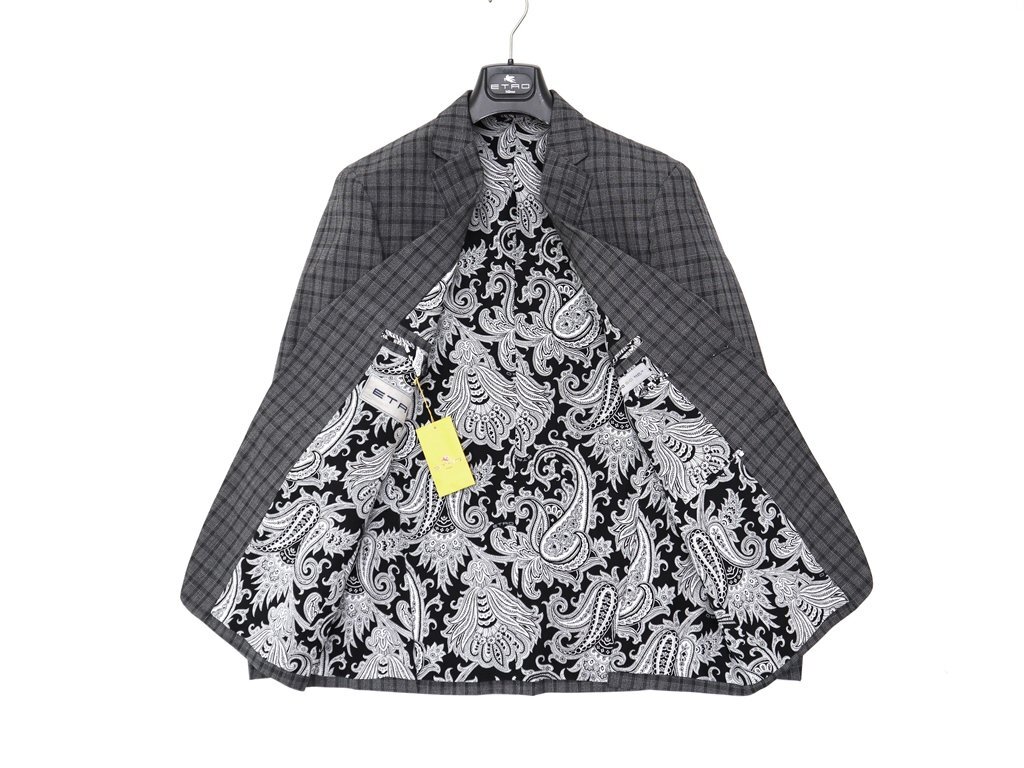 47万新品◆50=M～L◆【ETRO】エトロ◆チェック×ペイズリー裏地 ウール×シルクスーツ グレー灰 1円_画像3