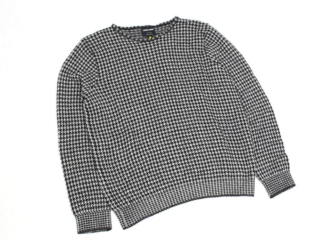 ●65万新品◆40=M~L◆GIORGIO ARMANI アルマーニ◆カシミヤ 千鳥格子柄グレンチェック クルーネックニットセーター 黒×白 1円_画像6