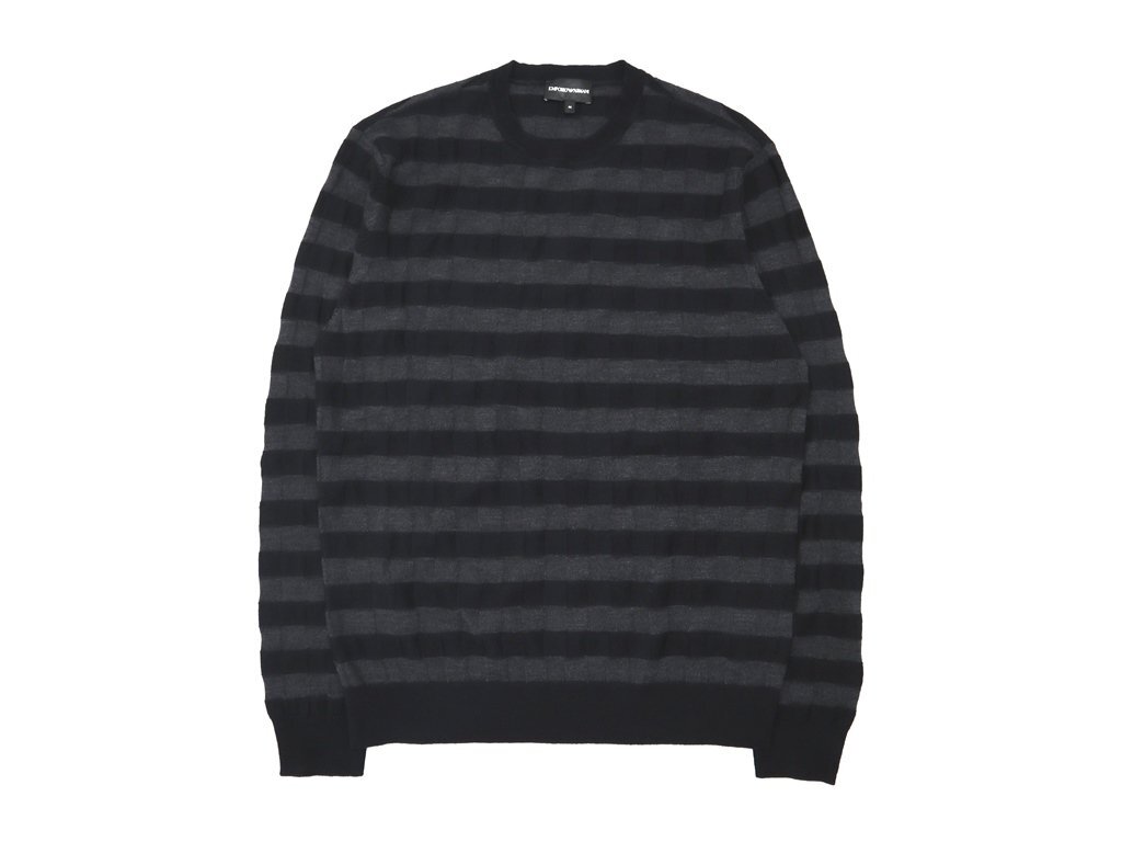●11万新品◆M◆EMPORIO ARMANI アルマーニ◆ヴァージンウール ブロックチェック織柄ハイゲージクルーネックニットセーター黒×灰 1円_画像6