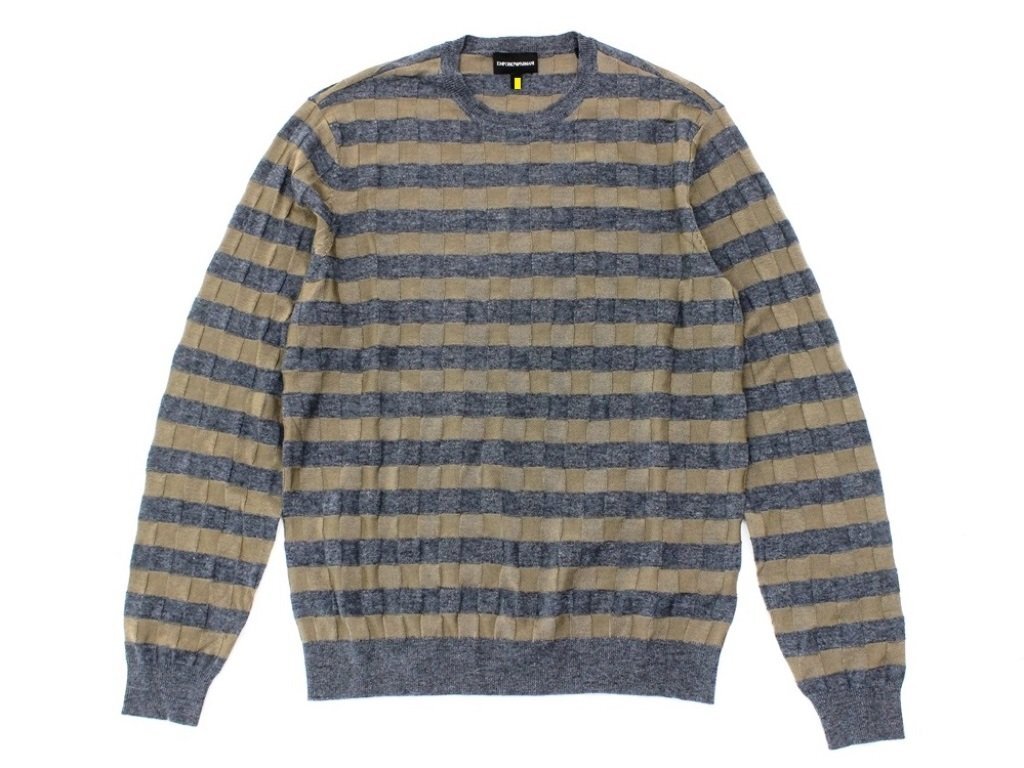 ●11万新品◆L◆EMPORIO ARMANI アルマーニ◆ヴァージンウール ブロックチェック織柄ハイゲージクルーネックニットセーター 灰×薄茶 1円_画像2