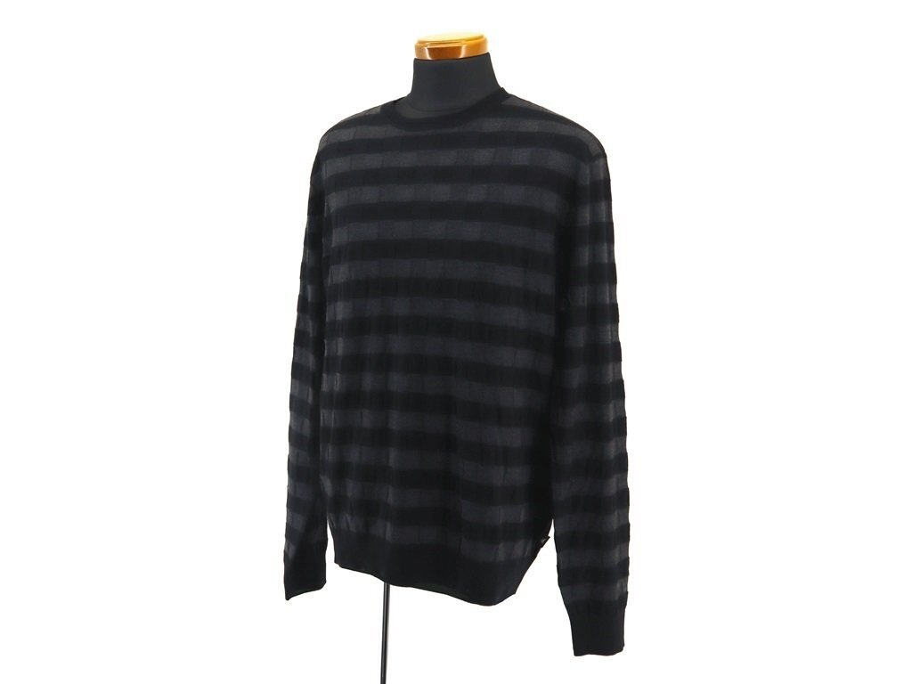 ●11万新品◆M◆EMPORIO ARMANI アルマーニ◆ヴァージンウール ブロックチェック織柄ハイゲージクルーネックニットセーター黒×灰 1円_画像3