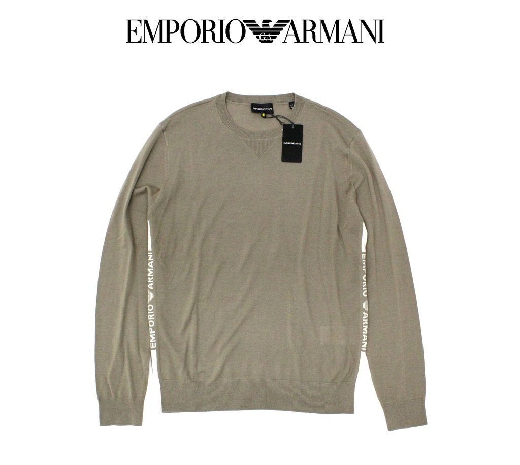 ●7万新品◆XL◆EMPORIO ARMANI アルマーニ◆ヴァージンウール100％ 薄手クルーネックニットセーター 薄茶ベージュ 1円_画像1