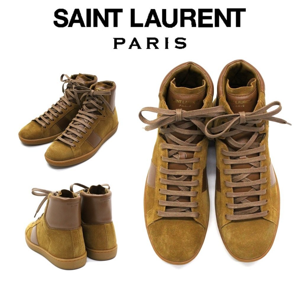 ●15万新品◆39H=24.5cm◆【サンローラン】スエード×スムースレザー ハイカットスニーカー 『WOLLY』キャメルブラウン茶 1円_画像1