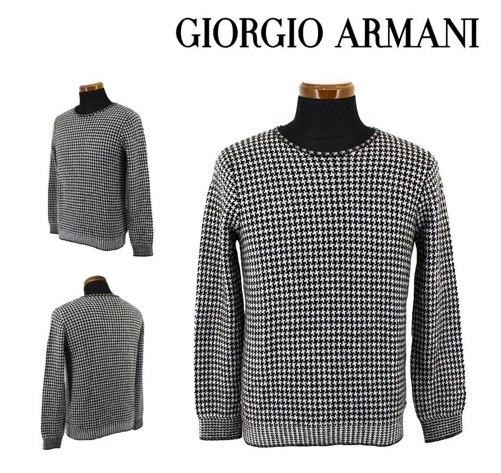 ●65万新品◆40=M~L◆GIORGIO ARMANI アルマーニ◆カシミヤ 千鳥格子柄グレンチェック クルーネックニットセーター 黒×白 1円_画像1