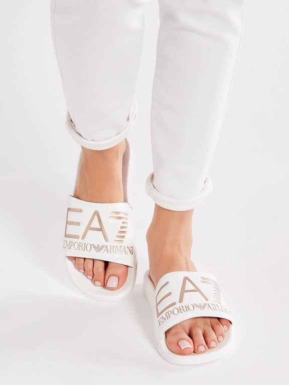 ●3万新品◆8=27cm◆EMPORIOアルマーニ EA7 ロゴ入りスライドサンダルシューズ 白×ローズゴールド【ARMANI】1円_画像3
