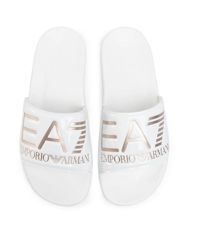 ●3万新品◆8=27cm◆EMPORIOアルマーニ EA7 ロゴ入りスライドサンダルシューズ 白×ローズゴールド【ARMANI】1円_画像5