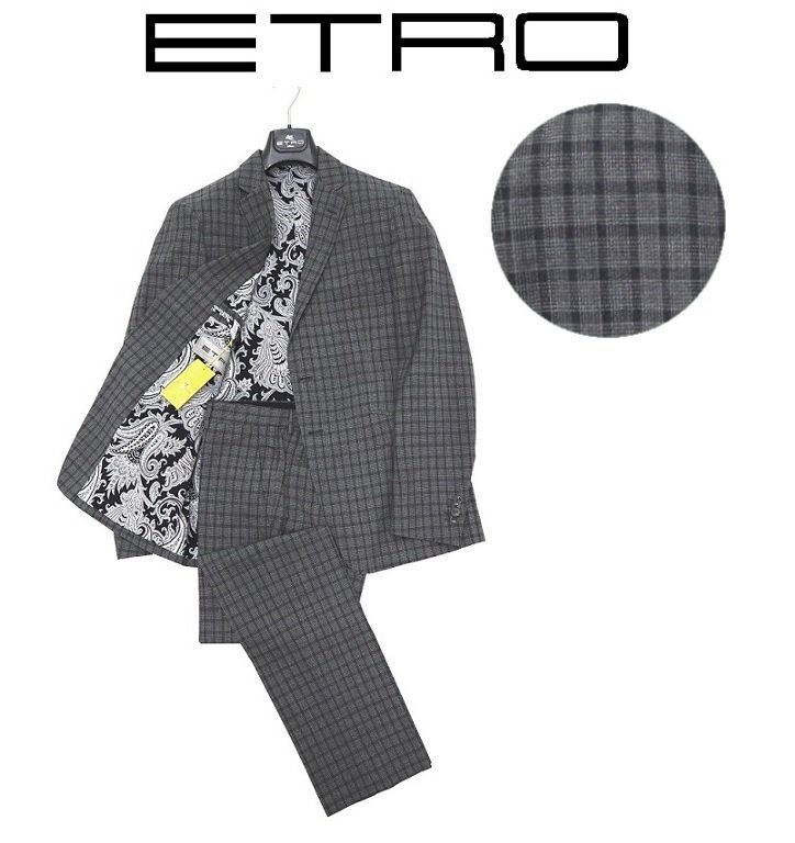 47万新品◆50=M～L◆【ETRO】エトロ◆チェック×ペイズリー裏地 ウール×シルクスーツ グレー灰 1円_画像1