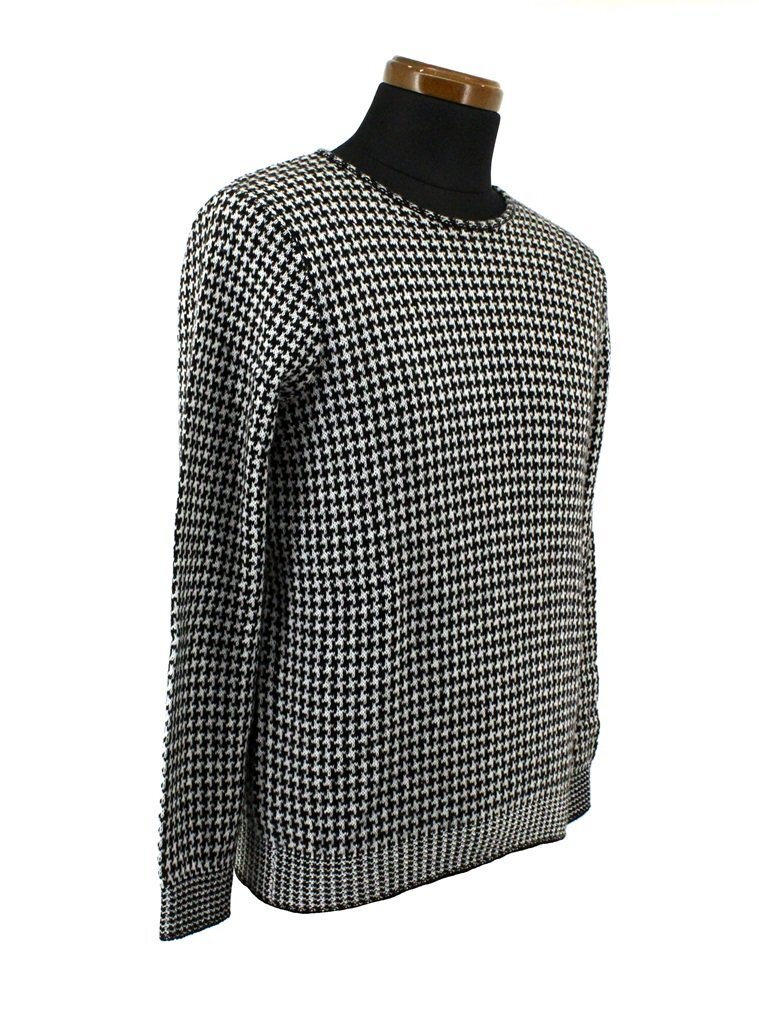 ●65万新品◆40=M~L◆GIORGIO ARMANI アルマーニ◆カシミヤ 千鳥格子柄グレンチェック クルーネックニットセーター 黒×白 1円_画像3