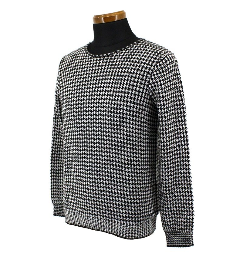 ●65万新品◆40=M~L◆GIORGIO ARMANI アルマーニ◆カシミヤ 千鳥格子柄グレンチェック クルーネックニットセーター 黒×白 1円_画像2