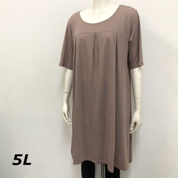 即決新品 大寸 チュニックワンピース 5Lサイズ 鹿の子素材 ブラウン タックチュニック ふんわり生地 大きいサイズ 送料無料_画像1