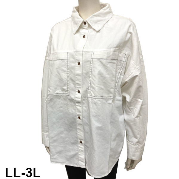 即決新品 レディース 大寸 長袖シャツ デニムシャツ ビッグポケット オフホワイト LL-3L 綿100% デニム調 送料無料_画像1