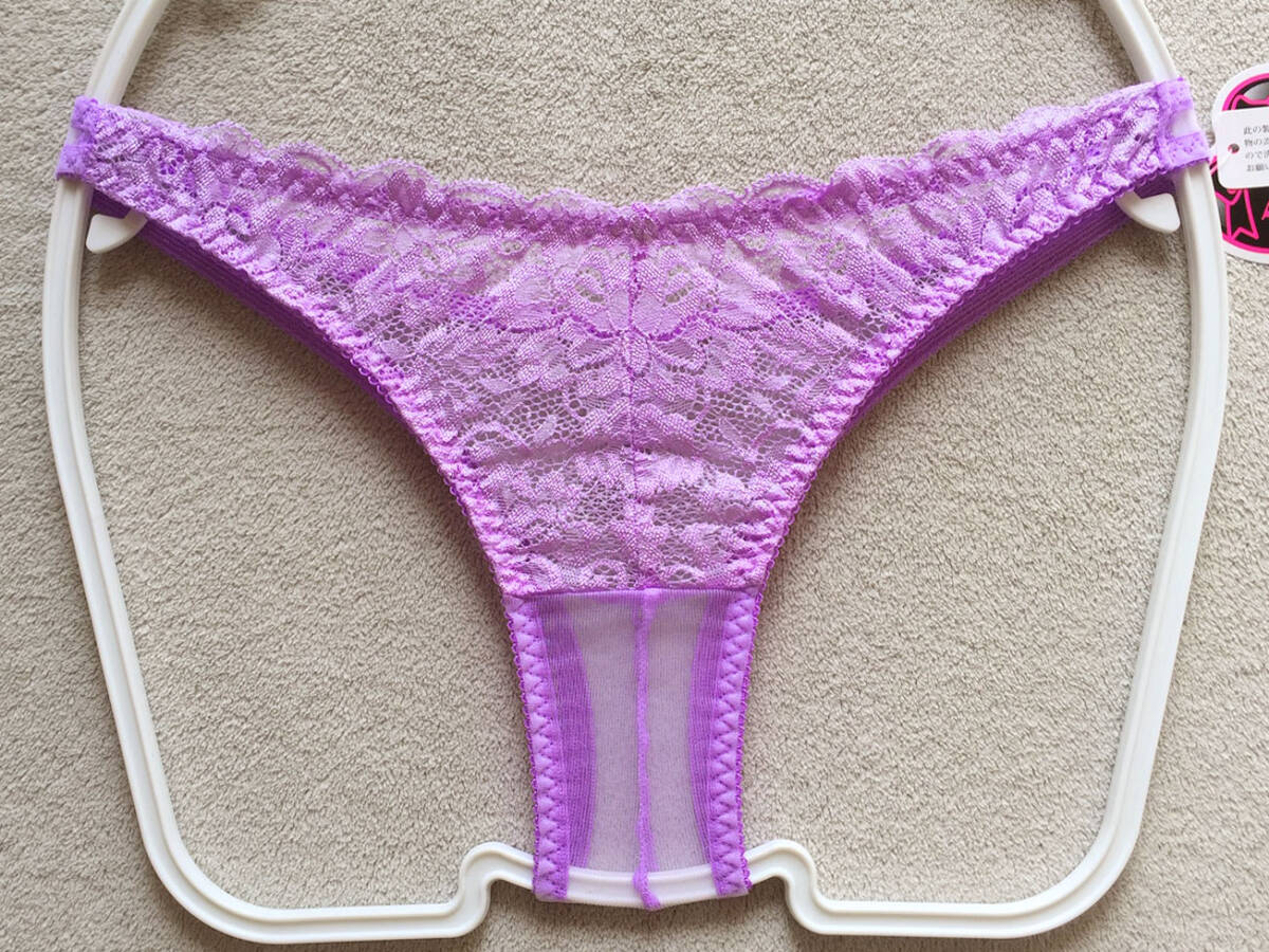 【ラ・ポーム/La-Pomme】くっきりセンターシーム♪お花刺繍レース＆透け透けシースルー★浅履きTバック/パープル♪新品/日本製_画像1