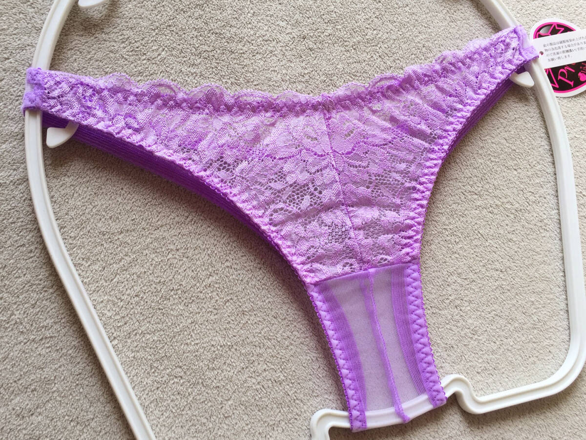 【ラ・ポーム/La-Pomme】くっきりセンターシーム♪お花刺繍レース＆透け透けシースルー★浅履きTバック/パープル♪新品/日本製_画像3