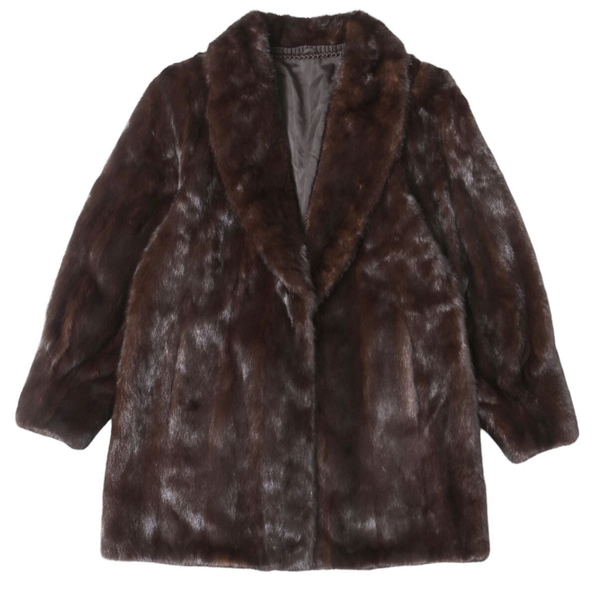GS4639◇サガミンク 銀サガ ショールカラー ダークミンク ファーコート ミドル丈 サイズ9 毛皮コート ダークブラウン系_画像1